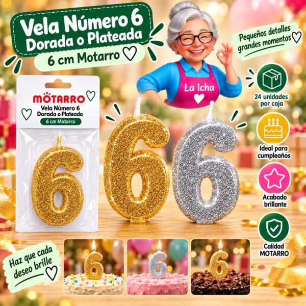 RI-0008665 Vela Número 6 Dorada o Plateada 6 cm Motarro