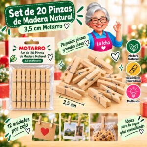 RI-0008667 Set de 20 Pinzas de Madera Natural 3,5 cm Motarro