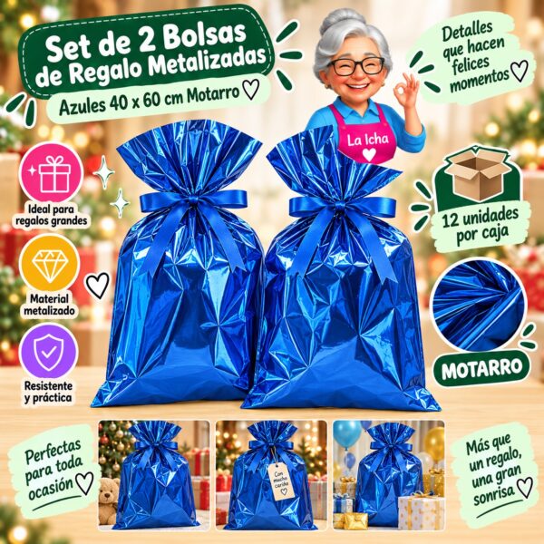 RI-0008685 Set de 2 Bolsas de Regalo Metalizadas Azules 40 x 60 cm Motarro