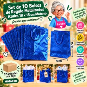 Set de 10 Bolsas de Regalo Metalizadas Azules 18 x 15 cm Motarro