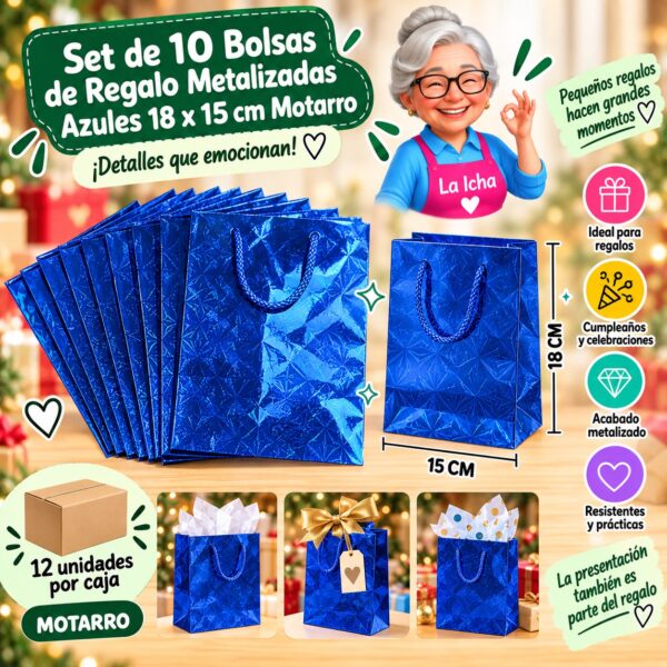 RI-0008686 Set de 10 Bolsas de Regalo Metalizadas Azules 18 x 15 cm Motarro