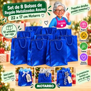 Set de 8 Bolsas de Regalo Metalizadas Azules 22 x 17 cm Motarro