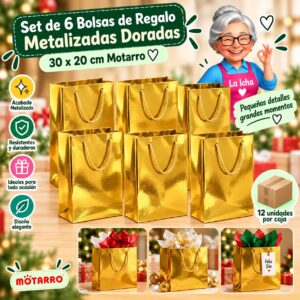 Set de 6 Bolsas de Regalo Metalizadas Doradas 30 x 20 cm Motarro