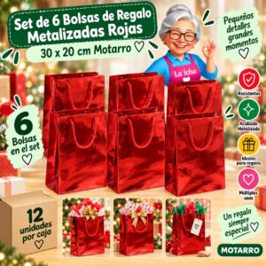 Set de 6 Bolsas de Regalo Metalizadas Rojas 30 x 20 cm Motarro