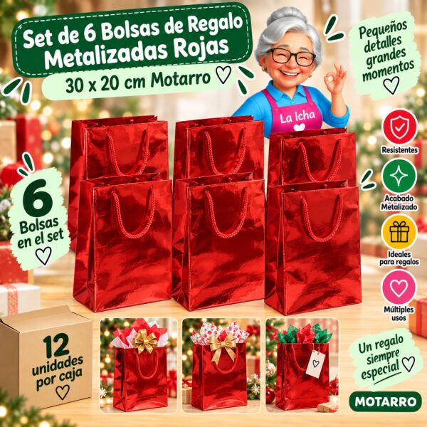 RI-0008689 Set de 6 Bolsas de Regalo Metalizadas Rojas 30 x 20 cm Motarro