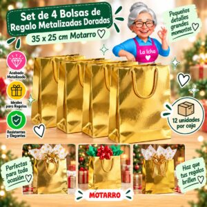 Set de 4 Bolsas de Regalo Metalizadas Doradas 35 x 25 cm Motarro