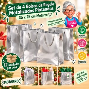 Set de 4 Bolsas de Regalo Metalizadas Plateadas 35 x 25 cm Motarro