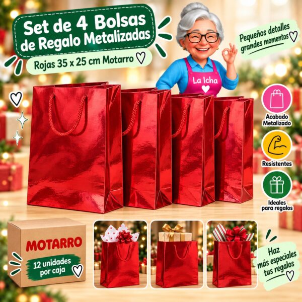 RI-0008693 Set de 4 Bolsas de Regalo Metalizadas Rojas 35 x 25 cm Motarro