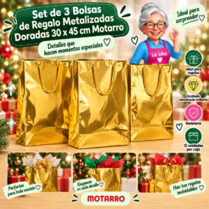Set de 3 Bolsas de Regalo Metalizadas Doradas 30 x 45 cm Motarro