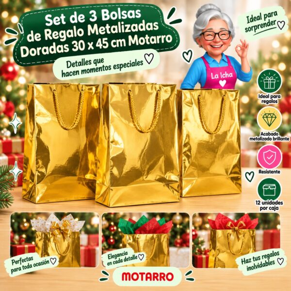 RI-0008695 Set de 3 Bolsas de Regalo Metalizadas Doradas 30 x 45 cm Motarro