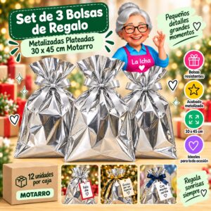 Set de 3 Bolsas de Regalo Metalizadas Plateadas 30 x 45 cm Motarro