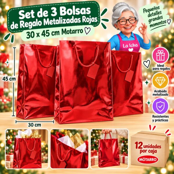 RI-0008697 Set de 3 Bolsas de Regalo Metalizadas Rojas 30 x 45 cm Motarro
