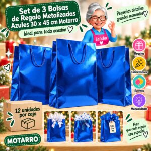 Set de 3 Bolsas de Regalo Metalizadas Azules 30 x 45 cm Motarro