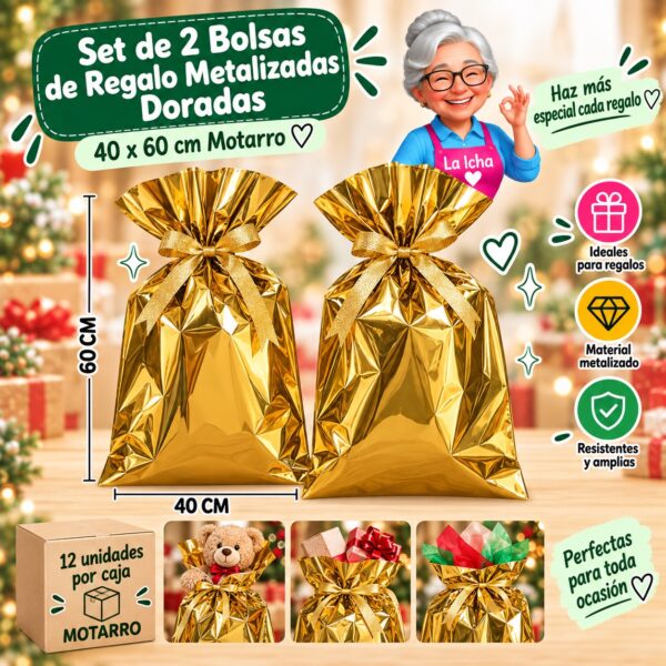 RI-0008699 Set de 2 Bolsas de Regalo Metalizadas Doradas 40 x 60 cm Motarro