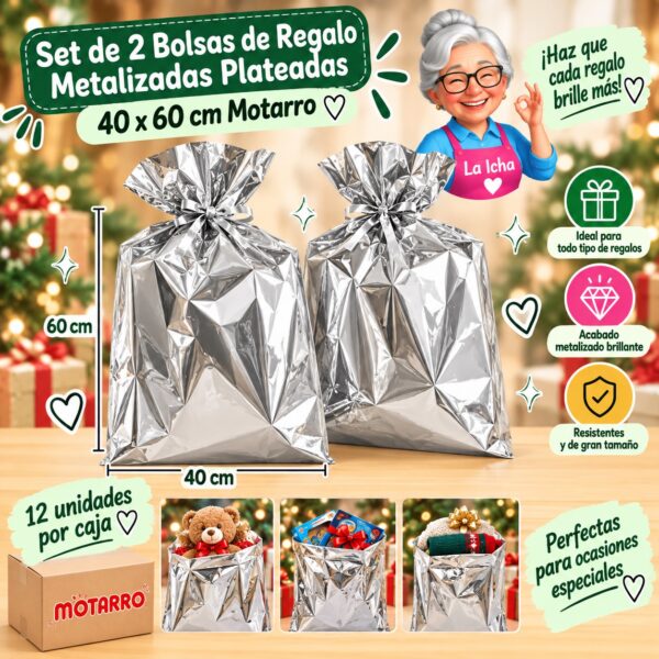 RI-0008700 Set de 2 Bolsas de Regalo Metalizadas Plateadas 40 x 60 cm Motarro
