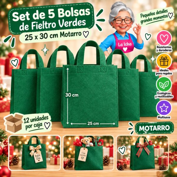 RI-0008709 Set de 5 Bolsas de Fieltro Verdes 25 x 30 cm Motarro