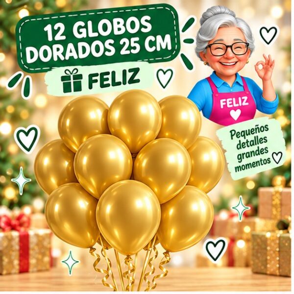 RI-0008710 Set de 12 Globos de Látex Dorados 25 cm Feliz