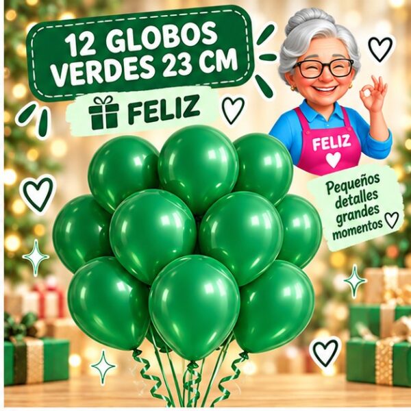 RI-0008711 Set de 12 Globos de Látex Verdes 23 cm Feliz