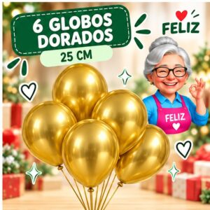 Set de 6 Globos de Látex Dorados 25 cm Feliz