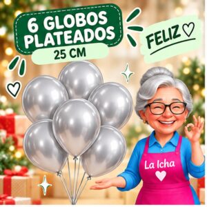 Set de 6 Globos de Látex Plateados 25 cm Feliz