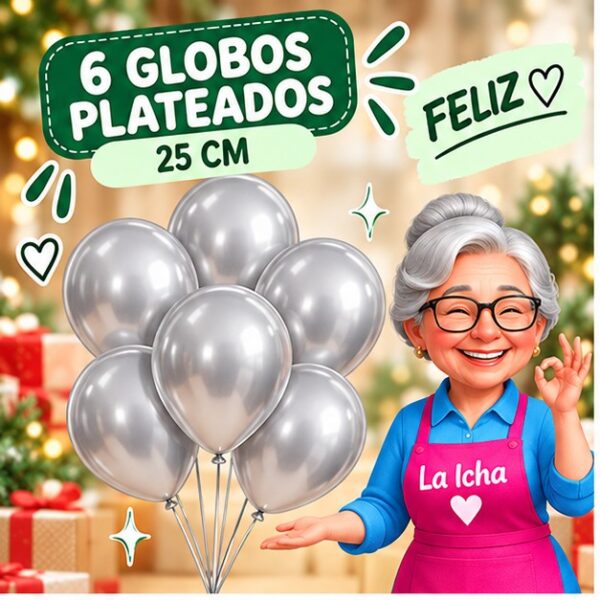 RI-0008718 Set de 6 Globos de Látex Plateados 25 cm Feliz
