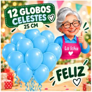 Set de 12 Globos de Látex Celestes 25 cm Feliz