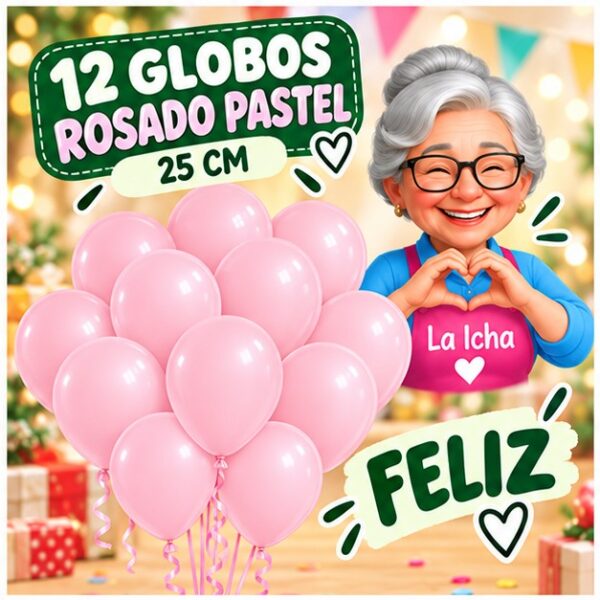 RI-0008725 Set de 12 Globos de Látex Rosado Pastel 25 cm Feliz