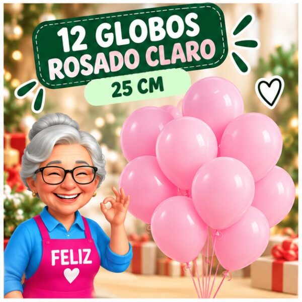 RI-0008726 Set de 12 Globos de Látex Rosado Claro 25 cm Feliz