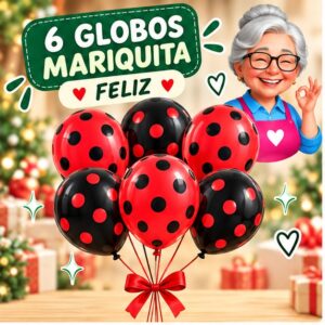 RI-0008738 Set de 6 Globos Mariquita Negros y Rojos Feliz