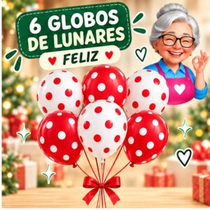 RI-0008739 Set de 6 Globos de Lunares Blancos y Rojos Feliz