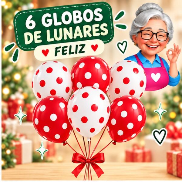 Set de 6 Globos de Lunares Blancos y Rojos Feliz