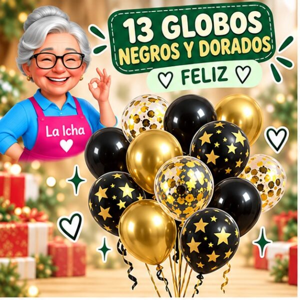Set de 13 Globos Negros y Dorados Feliz
