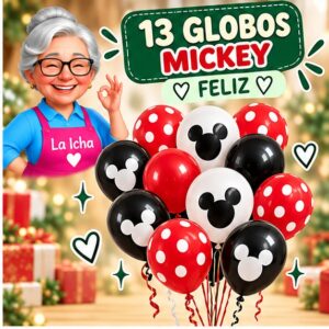 RI-0008743 Set de 13 Globos Mickey Negros, Rojos y Blancos Feliz