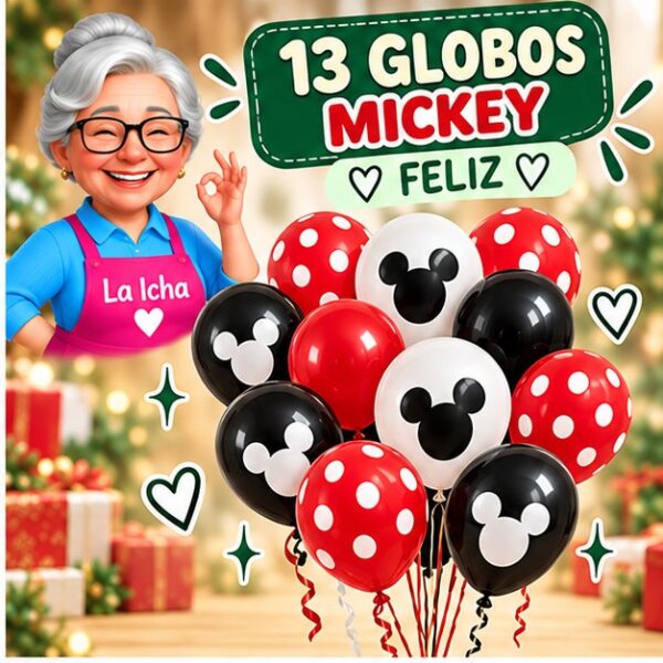 Set de 13 Globos Mickey Negros, Rojos y Blancos Feliz