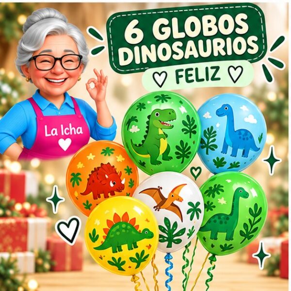 RI-0008744 Set de 6 Globos de Dinosaurios de Colores Feliz