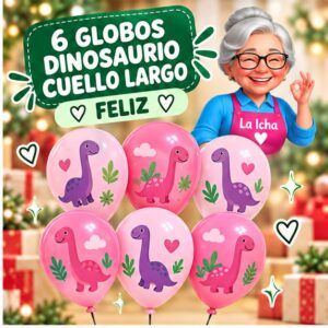 RI-0008747 Set de 6 Globos Rosados con Dinosaurio Cuello Largo Feliz