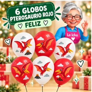 RI-0008748 Set de 6 Globos con Pterosaurio Rojo Feliz
