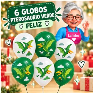 RI-0008749 Set de 6 Globos con Pterosaurio Verde Feliz
