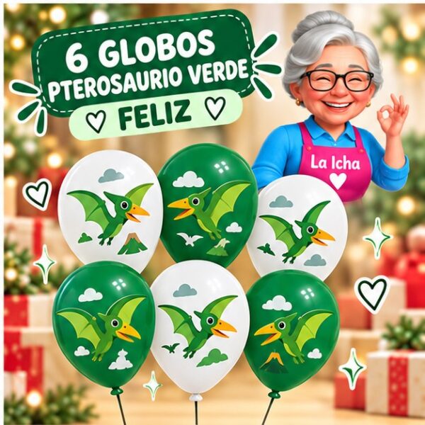 RI-0008749 Set de 6 Globos con Pterosaurio Verde Feliz