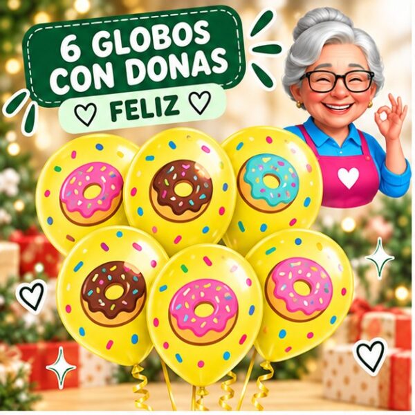 RI-0008750 Set de 6 Globos Amarillos con Donas Feliz