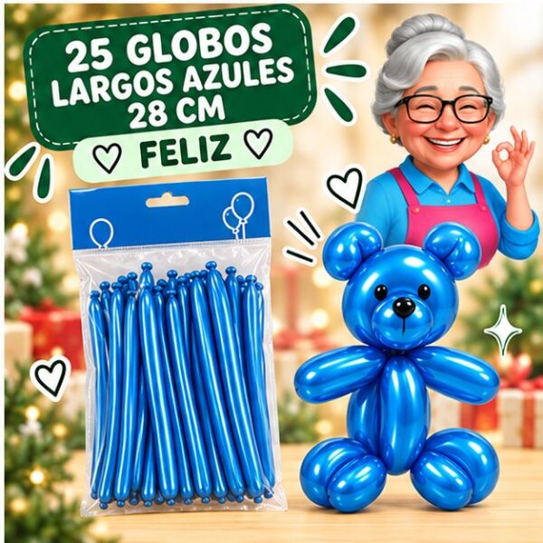 Set de 25 Globos Largos Metalizados Azules 28 cm Feliz