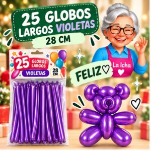 RI-0008754 Set de 25 Globos Largos Metalizados Violetas 28 cm Feliz