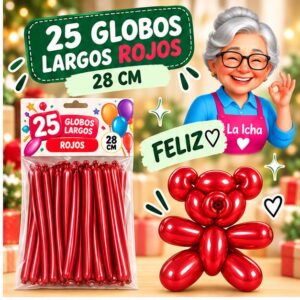 RI-0008755 Set de 25 Globos Largos Metalizados Rojos 28 cm Feliz
