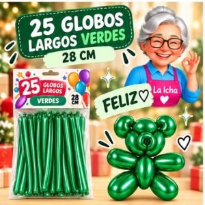 RI-0008756 Set de 25 Globos Largos Metalizados Verdes 28 cm Feliz