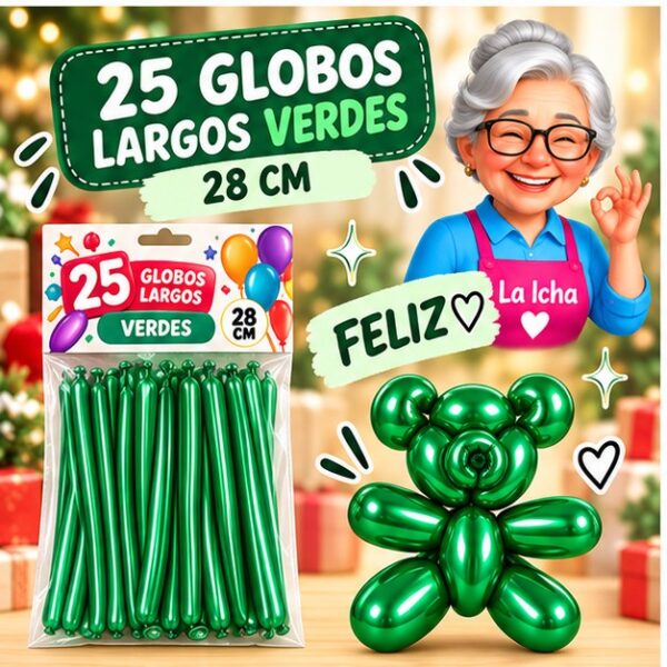 RI-0008756 Set de 25 Globos Largos Metalizados Verdes 28 cm Feliz