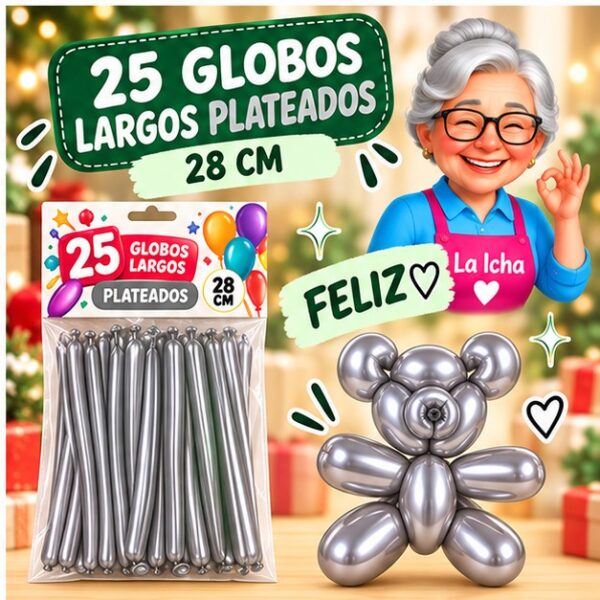 Set de 25 Globos Largos Metalizados Plateados 28 cm Feliz