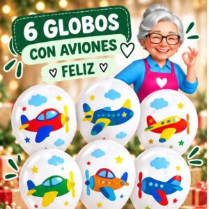 RI-0008758 Set de 6 Globos Blancos con Aviones Feliz