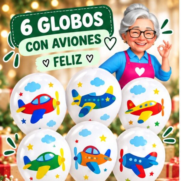 RI-0008758 Set de 6 Globos Blancos con Aviones Feliz