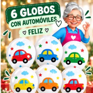 RI-0008759 Set de 6 Globos Blancos con Automóviles Feliz