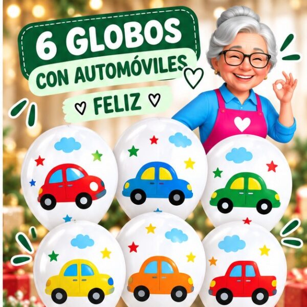 RI-0008759 Set de 6 Globos Blancos con Automóviles Feliz